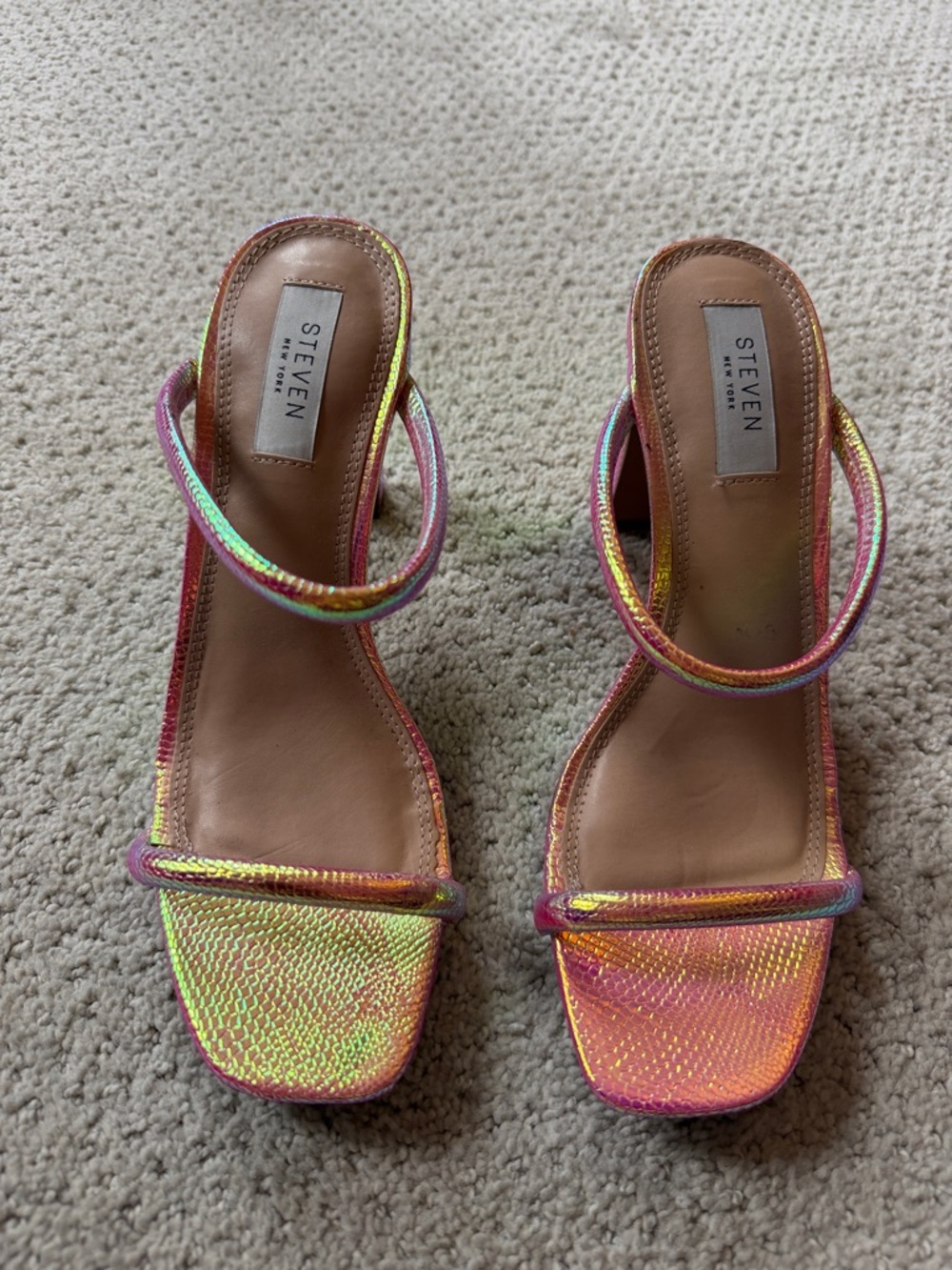 NWOT Iridescent Pink Multi Strap Heeled Sandals